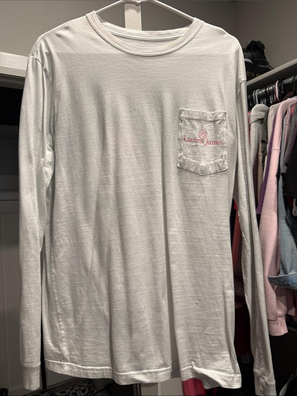 Lauren James White Long Sleeve Pocket Tee with Pink Logo